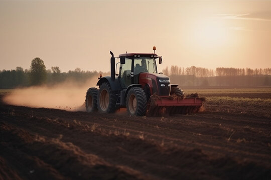 Tractor drives across large dield making beds for agriculture in the evening. Generative AI