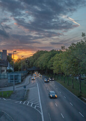 Sunset over a road in the city of Dortmund, Germany.