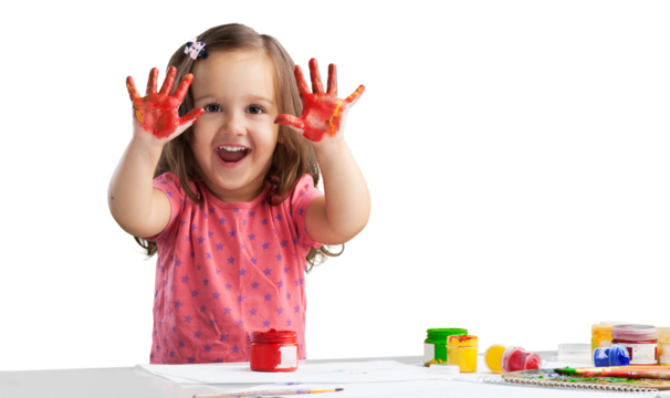 Little girl showing painted hands on  background