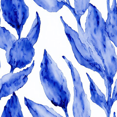 Blue Watercolor Seamless Flowers, Floral Porcelain, Blooms