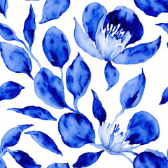 Blue Watercolor Seamless Flowers, Floral Porcelain, Blooms