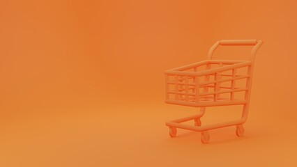 Orange shopping cart on orange background. Shopping carts used in supermarkets. 
3D rendering illustration model.