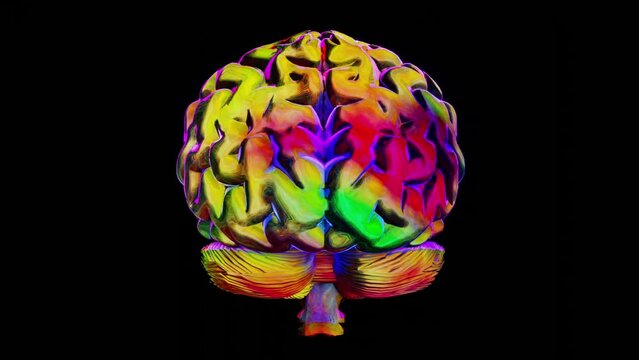 3d rendered animation of colorful glass human brain isolated on a black background
