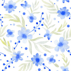 Fototapeta na wymiar Blue watercolor flowers and leaves seamless pattern. Hand drawn abstract floral endless background for fabric and wallpaper.
