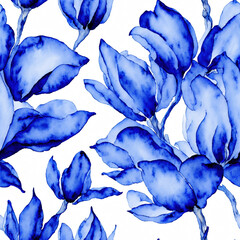 Blue Watercolor Seamless Flowers, Floral Porcelain, Blooms