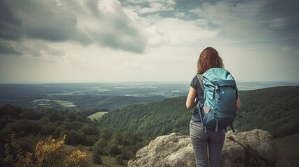 Backpacker on a rocky outcrop overlooking a forested valley. - obrazy, fototapety, plakaty