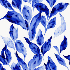 Blue Watercolor Seamless Flowers, Floral Porcelain, Blooms