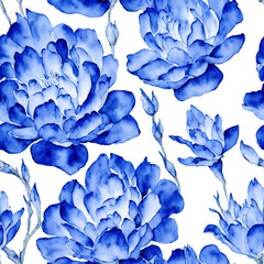 Blue Watercolor Seamless Flowers, Floral Porcelain, Blooms