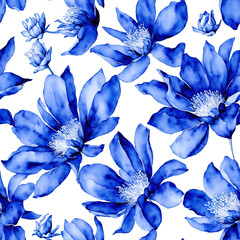 Blue Watercolor Seamless Flowers, Floral Porcelain, Blooms