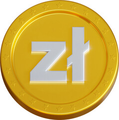 Golden Polish Zloty coin 3d render illustration