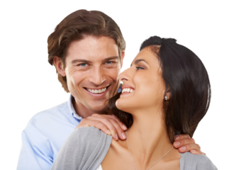 Happy, love and portrait of couple hug with smile on isolated, png and transparent background. Relationship, dating and face of man and woman hugging, support and together for valentines day romance