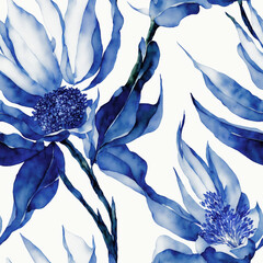 Blue Watercolor Seamless Flowers, Floral Porcelain, Blooms