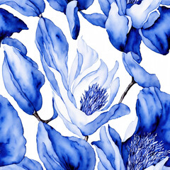 Blue Watercolor Seamless Flowers, Floral Porcelain, Blooms