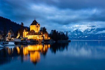 Castles in Switzerland during a beautiful blue hour