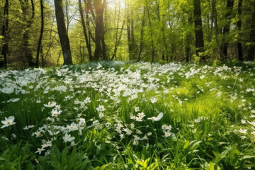 Fototapeta premium Forest glade with lots of white spring flowers and butterflies on a sunny day
