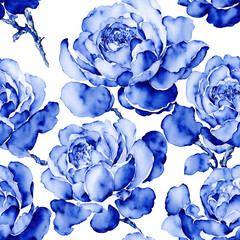 Blue Watercolor Seamless Flowers, Floral Porcelain, Blooms