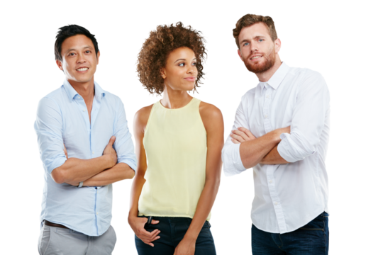 Diversity, group of people together and support standing isolated on a transparent png background. Portrait of interracial team, casual friends and relaxing with positive mindset or confidence
