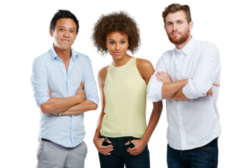 Friends, portrait and arms crossed in diversity for about us profile picture. Smile, happy or creative casual group of people or model standing in confidence isolated on transparent png background
