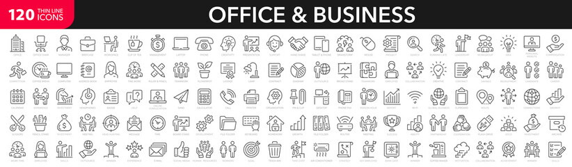 Office and Business line icons set. Business people outline icons collection. Teamwork, human resources, meeting, partnership, work group, success, workspace, computer, desk- stock vector.