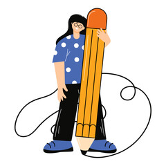 Student with a pencil. The young man is holding a pencil. Line. Draws. Writes flat vector illustration. Modern style. Icon. Hand.