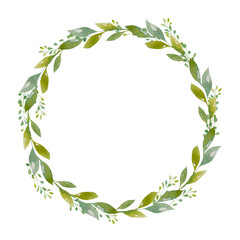 Watercolor round frame with leaves. The design of a frame for an invitation. Wreath with leaves isolated on a white background. Illustration for the design of wedding invitations, greeting cards.