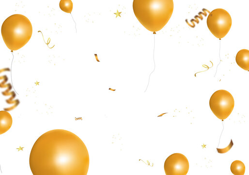 Gold balloons float out on transparent background. PNG illustration.