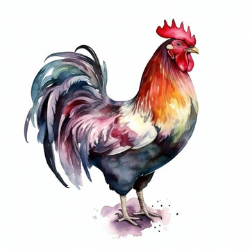 rooster . the farm bird . watercolor illustration , generative ai