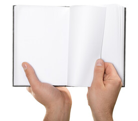 Man hand holding open book with infographic icons
