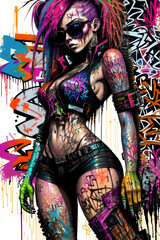 AI generated cyberpunk graffiti illustration of girl, wearing sunglasses with futuristic neon background and abstract random tattoos.