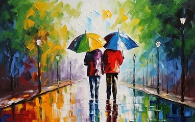 Man and woman with umbrella walking in the rain. Oil illustration. Generative AI technology.