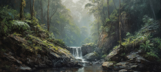 Fototapeta na wymiar Cascading waterfalls in lush green unexplored jungle, expedition to find spectacular unspoiled natural beauty, crystal clear flowing rivers, tropical vegetation - generative AI 