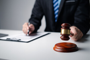 Young professional lawyer working in the office room while holding the judge hammer. Law firm concept.