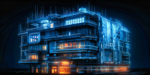 architecture building with light blue lines, - obrazy, fototapety, plakaty