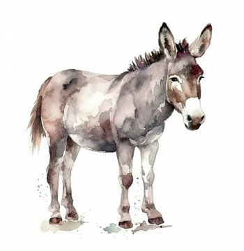 watercolor farm animal donkey isolated on white background , generative ai