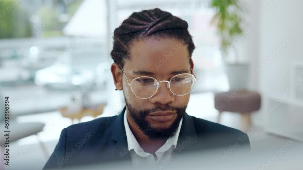 Poster computer, research and business black man with online data analytics, review and digital software ma