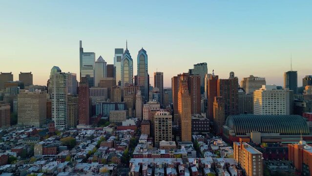 Beautiful Philadelphia Downtown, Golden Hour Orbit, Aerial