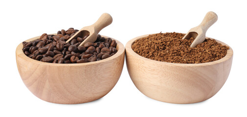 Bowls with instant coffee and roasted beans on white background