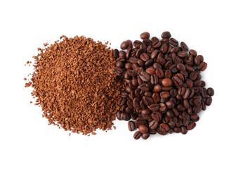 Heap of instant coffee and beans on white background, top view