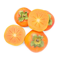 Whole and cut delicious ripe juicy persimmons on white background, top view