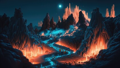 Fototapeta na wymiar Esoteric Euphoric Late night alien world utopian mountain
