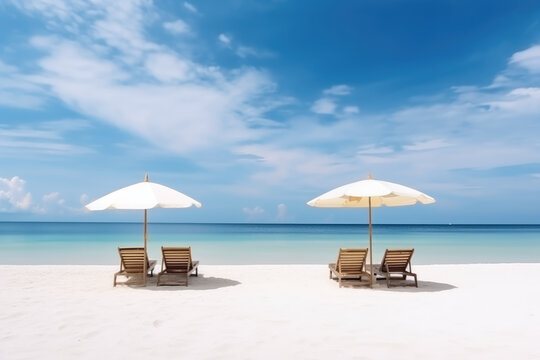 Beautiful beach banner. White sand, chairs and umbrella travel tourism wide panorama background concept. Amazing beach landscape