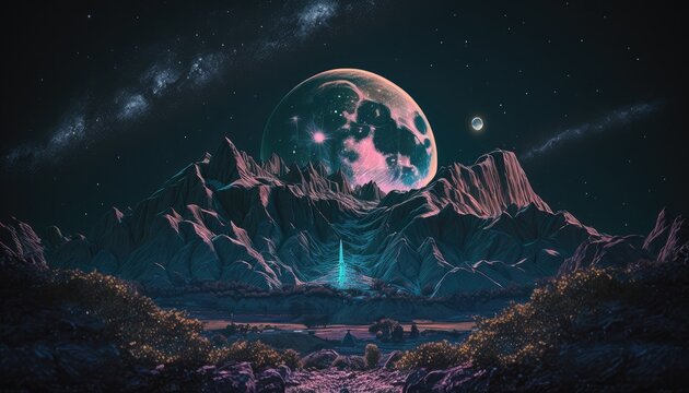 Esoteric Euphoric Late night alien world utopian mountain