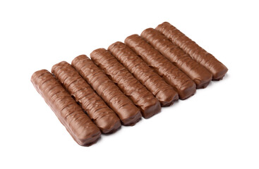 Sweet tasty chocolate bars on white background