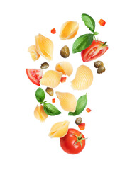 Macaroni with vegetables and and basil leaves in the air close up