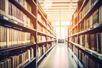 Obraz premium Blurred public library interior space. Learning and education concept background. Defocused bookshelves with books - vintage tone