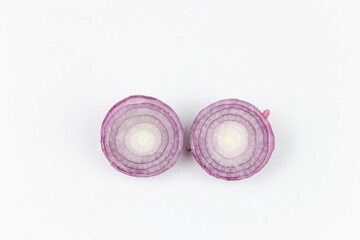 Sliced red onion isolated on white background. Top view.