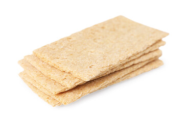 Stack of fresh crunchy rye crispbreads on white background