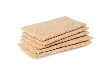 Stack of fresh crunchy rye crispbreads on white background