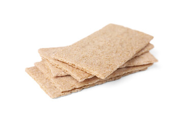 Stack of fresh crunchy rye crispbreads on white background