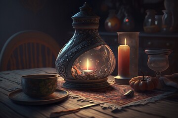 Obraz na płótnie Canvas Arab-style home with a lantern and candle on the dinner table, Generative Ai
